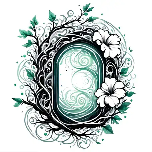 "Fine line tribal tattoo, vertical and flowing composition with a spiral base, intertwining tree branches and delicate hibiscus flowers, ethereal swirls and magical dots around an open doorway subtly hidden on the left. Black and grey ink with light shading, slight green tint on floral details. Organic, mystical, and symbolic style, designed for torso or lower back placement." tattoo design idea