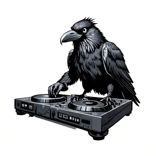 a black raven , raving using dj decks tattoo design idea