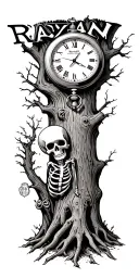 tree with the name Raylan carved in the trunk and a skeleton style pocket watch tattoo design idea