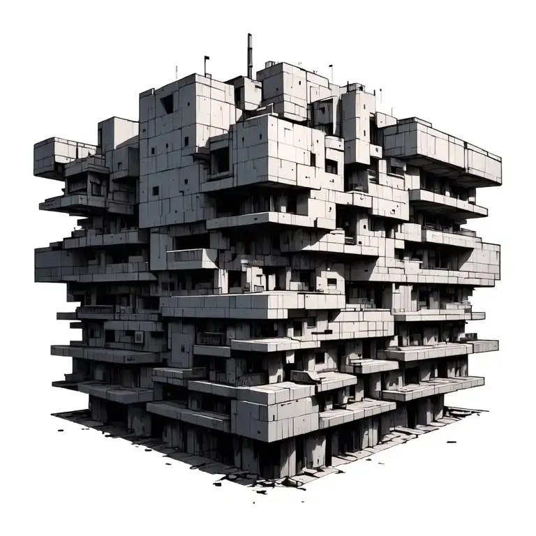 Brutalist building with several small components that make bigger tattoo tattoo design idea
