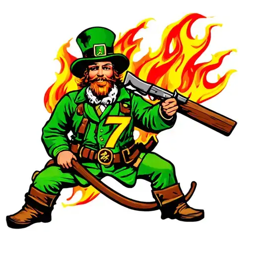 leprechaun firefighter with fire Maltese cross number 7 tattoo design idea