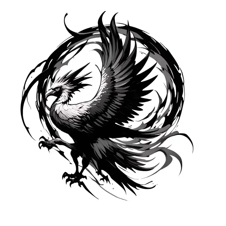 artistic tattoo design. Black and white image of flying phoenix with abstract lines around it tattoo design idea