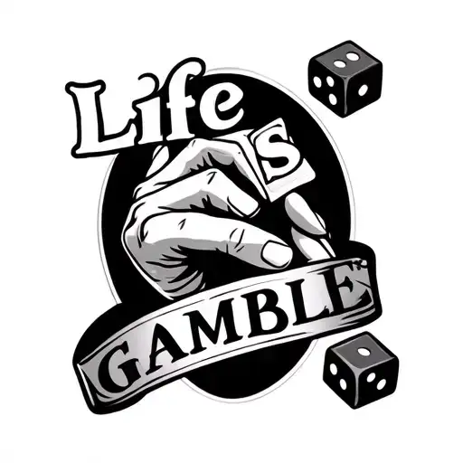 "life is a gamble" written with hand throwing dice behind it  tattoo design idea