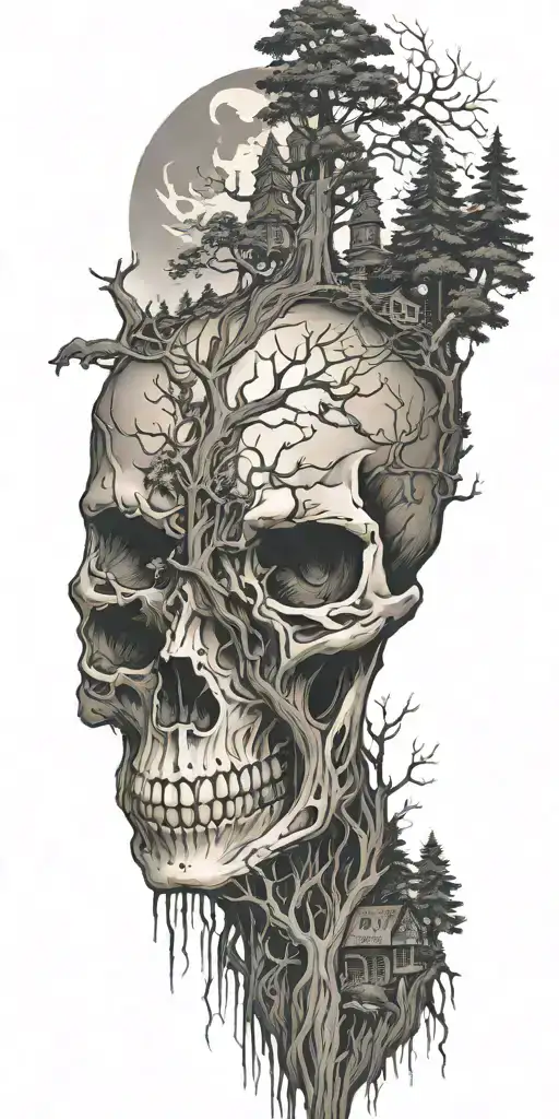trees and nature emerged off a skull with a a bear, wolf, eagle, and elk bended in the sky tattoo design idea