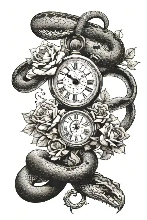 Broken time clock being pierced by a snake that is shedding its skin and a withered flower tattoo design idea