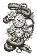 Broken time clock being pierced by a snake that is shedding its skin and a withered flower tattoo design idea