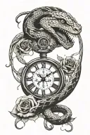 Broken time clock being pierced by a snake that is shedding its skin and a withered flower tattoo design idea