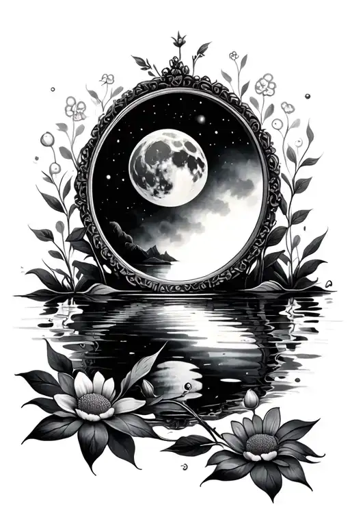 flower in the mirror reflecting, moon reflecting in the water tattoo design idea