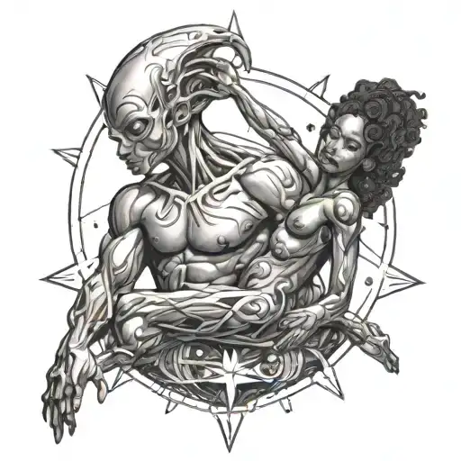 An Alien demigod in cosmic glow sexually seducing nude African-American women circling him, desires unfurling under star tattoo design idea