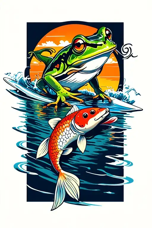 frog with yakuza tattoos surfing on a koi fish tattoo design idea