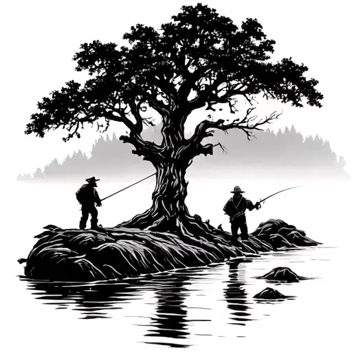 Oak Tree with a silhouette of a fisher man fishing in a stream/creek tattoo design idea