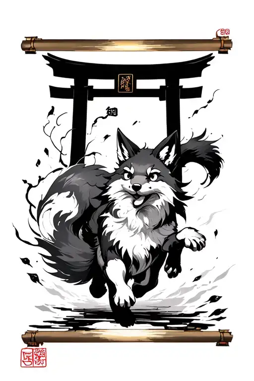 Ink japanese scroll with writing where the characters transform into a kitsune. Kitsune runs down path with tori gates tattoo design idea