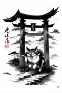 Ink japanese scroll with writing where the characters transform into a kitsune. Kitsune runs down path with tori gates tattoo design idea