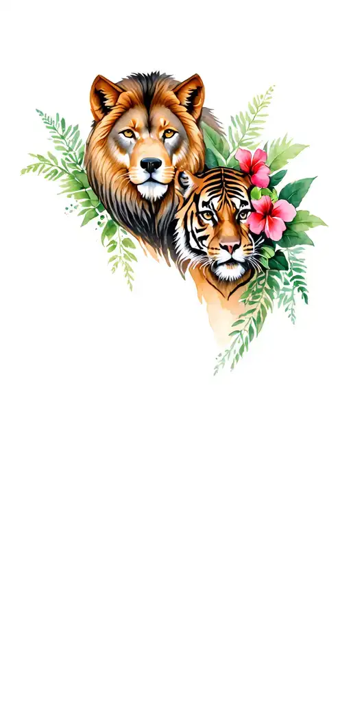 realistic Lion, wolf, monkey, and tigress, with greenery and hibiscus flowers, left arm sleeve- full color tattoo design idea