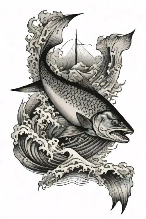 small boat on top of waves with a huge salmon underneath ocean tattoo design idea