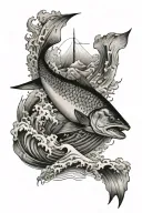 small boat on top of waves with a huge salmon underneath ocean tattoo design idea