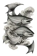 small boat on top of waves with a huge salmon underneath ocean tattoo design idea