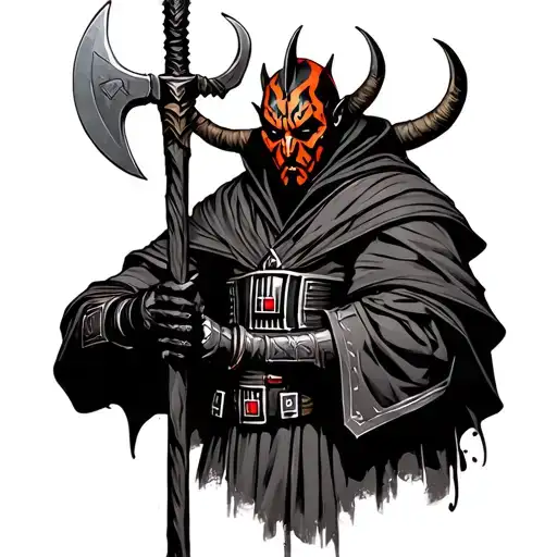 a viking inspired Darth Maul with a staff weapon with axe heads at either end  tattoo design idea