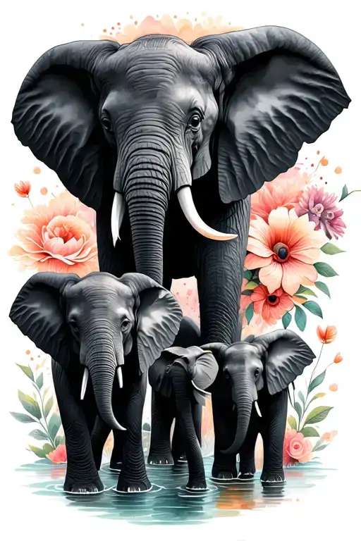 Vertical fine line tattoo with family of 4 elephants with flowers soft shading and water colour background  tattoo design idea
