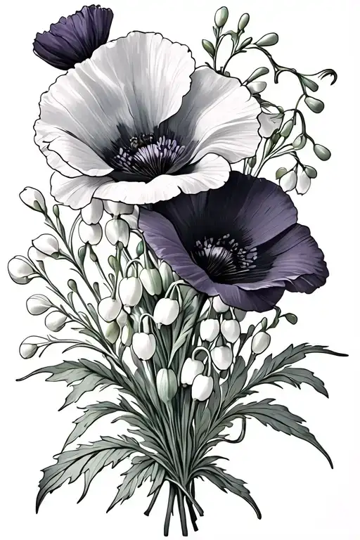 2 poppies 1 violet 1 lily of the valley and 2 forget me nots bouquet tattoo design idea
