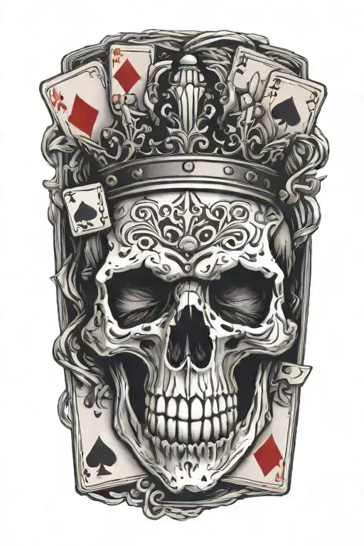 skull with royal flush hand of cards tattoo design idea