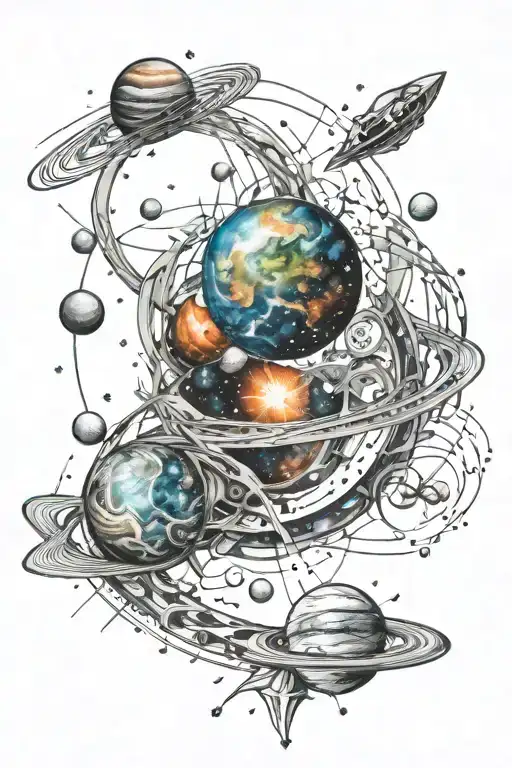 infinite spirit among galaxies, atoms, flashes, planets and galaxies tattoo design idea
