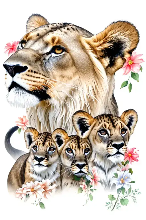 lioness with cubs and flowers tattoo design idea
