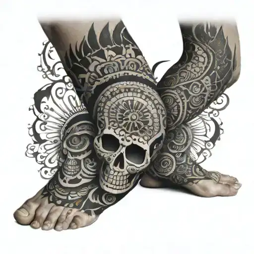 Men mandala leg sleeve with mexican skull in it tattoo design idea
