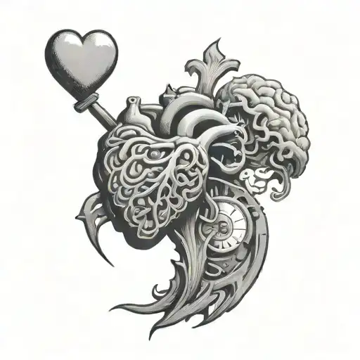 heart vs brain sand clock tattoo design idea