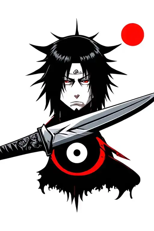A Kunai with the face of Itachi Uchiha inside where the sharingan with 3 tomoa stands out. Add a few crowds tattoo design idea
