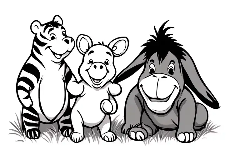 Winnie The Pooh, Tigger, Piglet, and Eeyore fine line tattoo tattoo design idea