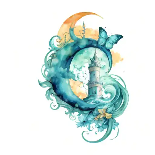 butterfly, crescent moon, Rapunzel Tower surrounded by water waves tattoo design idea