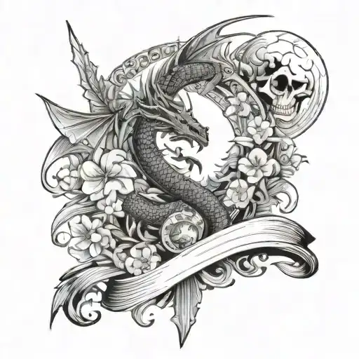 books dragons moon sword flowers tattoo design idea