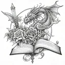 books dragons moon sword flowers tattoo design idea