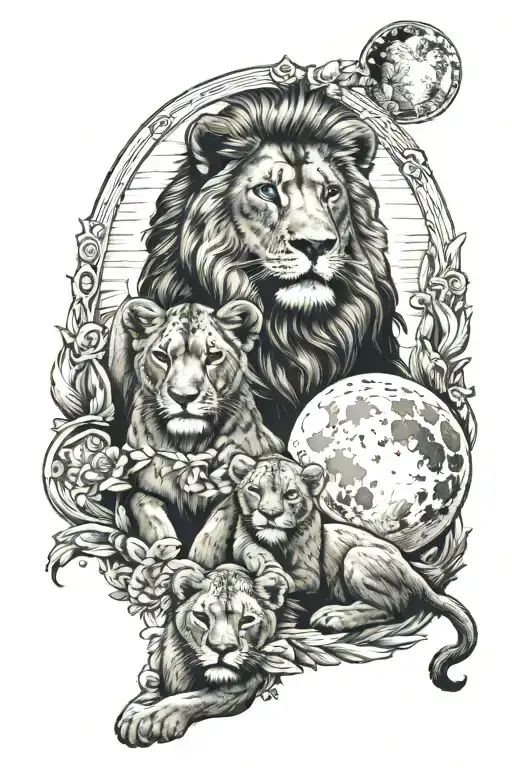 Virgin of Pilar, the Moon and Three Lion Cubs tattoo design idea