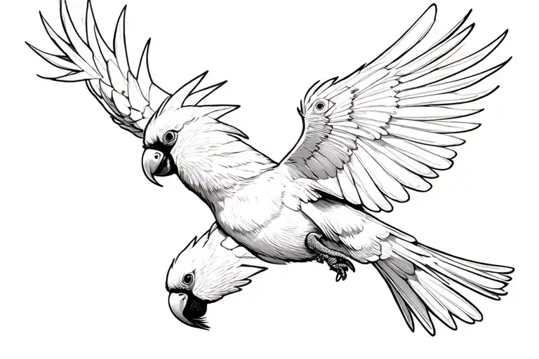 A black cockatoo flying after a cardinal. black and white in a fineline style.  tattoo design idea