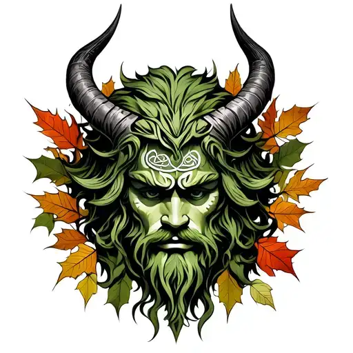 Celtic Green Man Head With Horns, Surrounded By Leaves And Branches, Extending Up The Arm Tattoo in autumn colors tattoo design idea