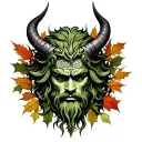 Celtic Green Man Head With Horns, Surrounded By Leaves And Branches, Extending Up The Arm Tattoo in autumn colors tattoo design idea