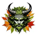 Celtic Green Man Head With Horns, Surrounded By Leaves And Branches, Extending Up The Arm Tattoo in autumn colors tattoo design idea