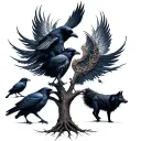 A Nordic goddess or warrior, tree of life, 2 ravens, 1 wolf tattoo design idea