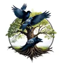 A Nordic goddess or warrior, tree of life, 2 ravens, 1 wolf tattoo design idea