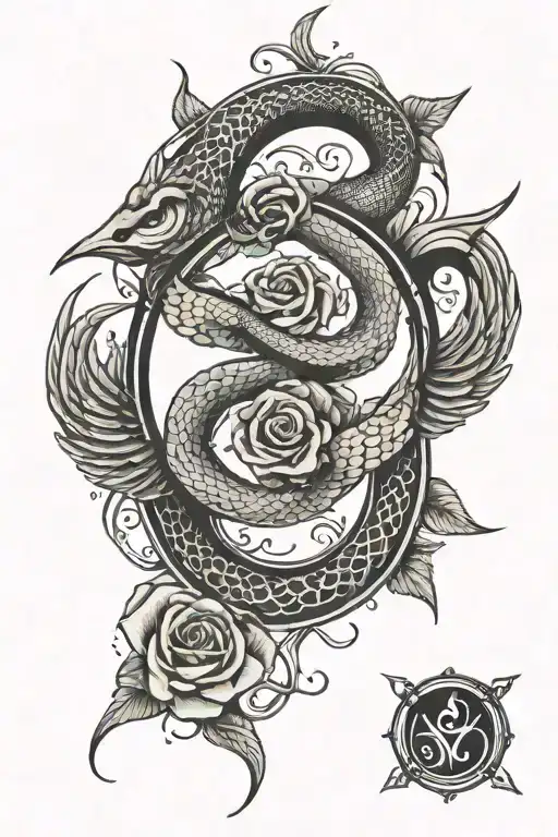 wing, water, rose and snake ouroboros with signs tattoo design idea