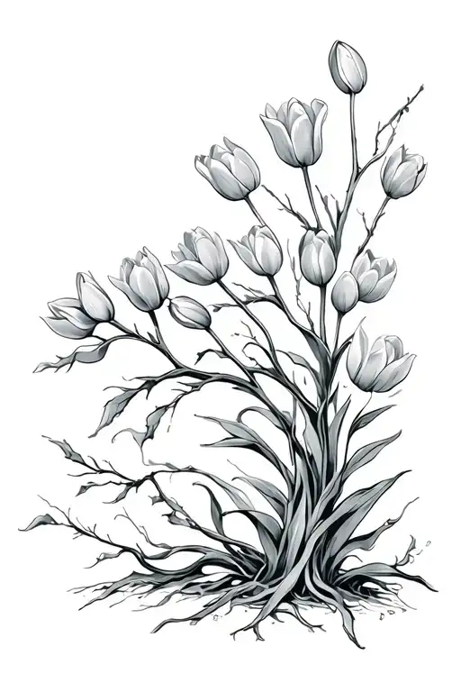 Willow tree vines and tulips black and grey tattoo design idea