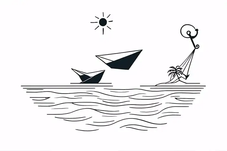 A paper airplane starts the line, forming a wave with a paper boat, an anchor for stability, a sun above, palms hammock tattoo design idea