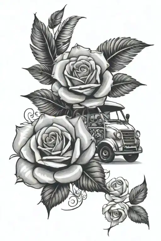 Two roses, tuk tuk, silver fern, vietnamese hat as an accent tattoo design idea