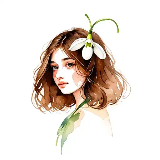 woman with brown hair and open snowdrop flower on the head tattoo design idea