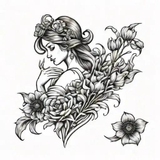 Virgo maiden holding wheat, poppy and chrysanthemum tattoo design idea