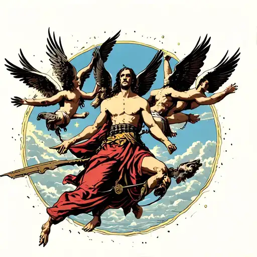 a trailing warrior on his back being traveled by 6 angels with no face or face with heavens all around tattoo design idea