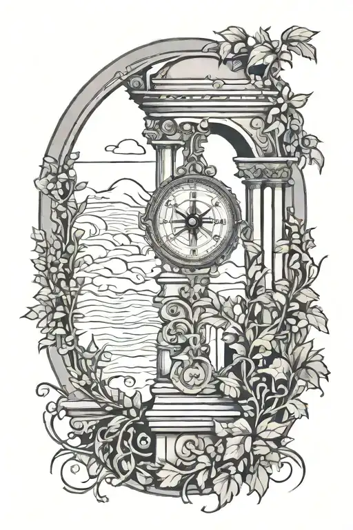 Ancient roman classical arch, with a compass, and vines wrapping the arch. tattoo design idea