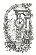 Ancient roman classical arch, with a compass, and vines wrapping the arch. tattoo design idea